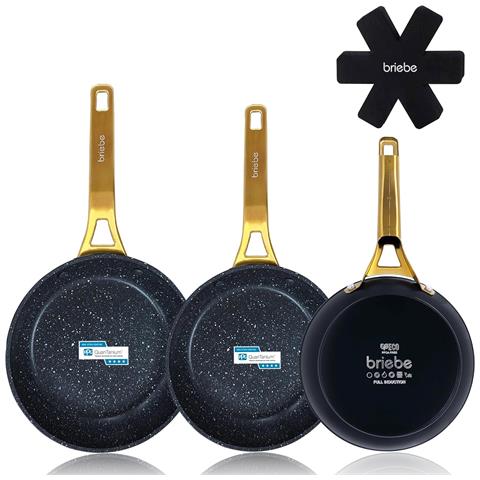 Briebe Gold Titanium Set 3 Padelle Antiaderenti Induzione Titanio 18-20-24cm, Alluminio Forgiato  Nero - Foto 1