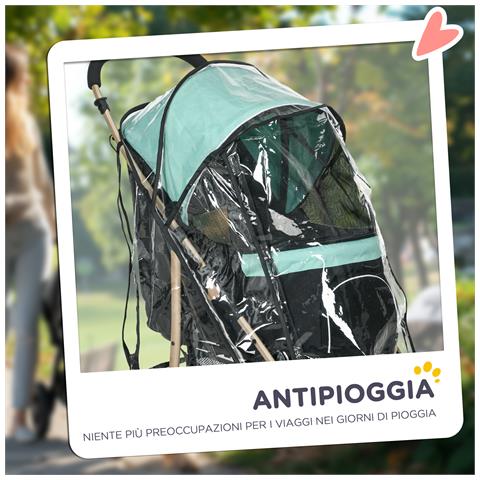 Passeggino per Cani Piccoli Pieghevole con Copertura Antipioggia, Cestino e Guinzaglio Integrato, Verde - Foto 6
