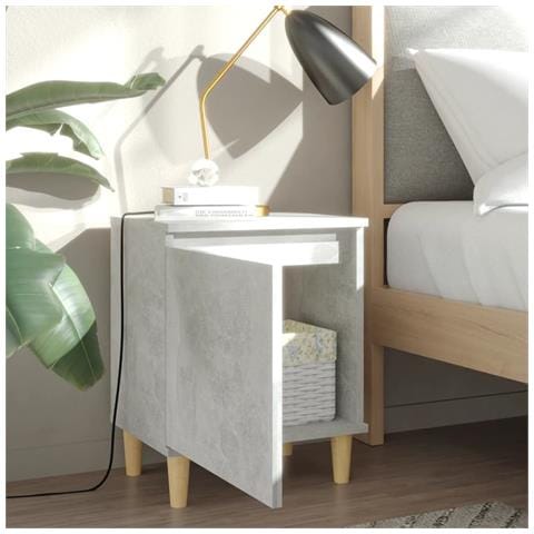 Comodino Con Gambe In Legno Massello Grigio Cemento 40x30x50 Cm - Foto 2
