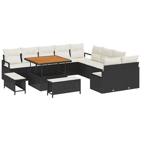 Set di divani da giardino  di 13 pezzi con cuscini in polyrattan nero e acacia, Divano a due posti  con cuscini in polyrattan nero, Set giardino  di 3 pezzi con cuscini in polyrattan nero e acacia - Foto 1