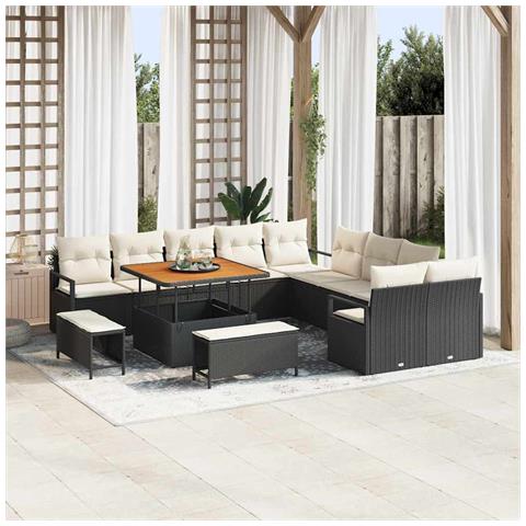Set di divani da giardino  di 13 pezzi con cuscini in polyrattan nero e acacia, Divano a due posti  con cuscini in polyrattan nero, Set giardino  di 3 pezzi con cuscini in polyrattan nero e acacia - Foto 2