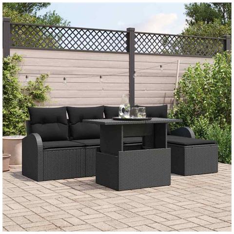 Set di Divani da Giardino a 6 pezzi con Cuscini Nero Polyrattan - Foto 2