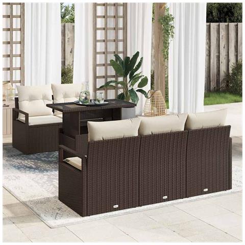 Set divani giardino  6 pezzi con cuscini in rattan polipropilene marrone, Divano giardino 2 posti con spazio stoccaggio e cuscini in rattan polipropilene marrone - Foto 2