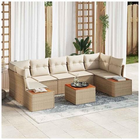 Set Divano Giardino 8 Pezzi con Cuscini Beige Poly Rattan Acacia - Foto 2
