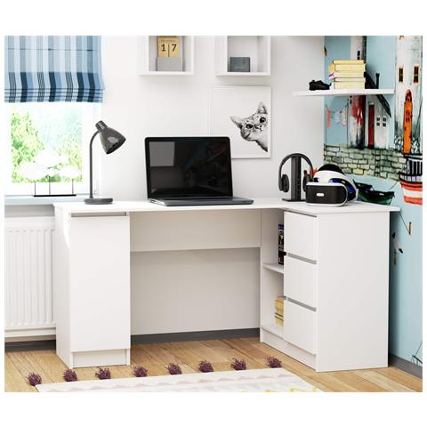 Scrivania ad angolo B20 destro, 1 anta e 3 cassetti, 155x85x77 cm, Colore Bianco - Foto 6