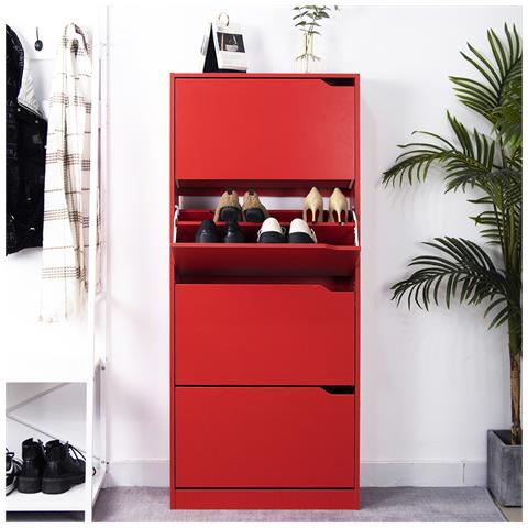 Scarpiera 4 Ante Ripiani Doppia Profondità Porta Scarpe Colore Rosso 63x24x150cm - Foto 2