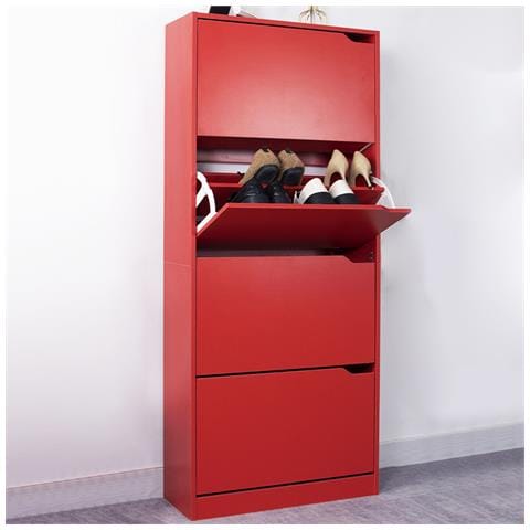 Scarpiera 4 Ante Ripiani Doppia Profondità Porta Scarpe Colore Rosso 63x24x150cm - Foto 1