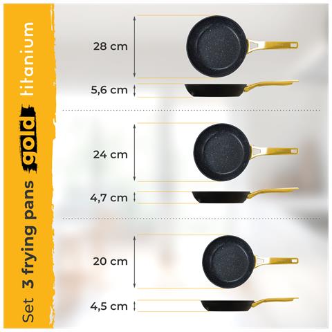 Briebe Gold Titanium Set 3 Padelle Antiaderenti Induzione Titanio 20-24-28cm, Alluminio Forgiato  Nero - Foto 8