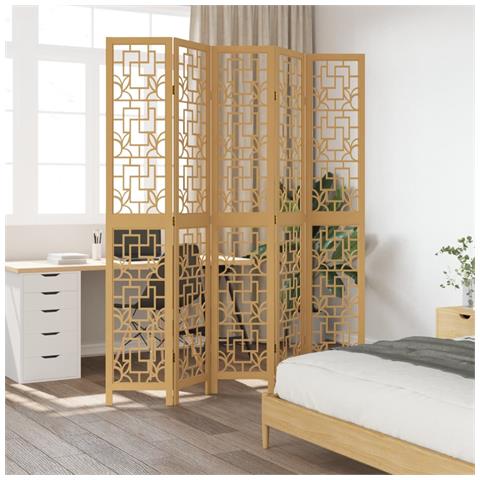 Divisorio Ambienti 5 Pannelli Marrone Legno Massello Paulownia - Foto 3