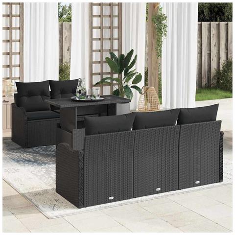 Set Divani Giardino  6 Pezzi con Cuscini Nero Poly Rattan, Divano Giardino 2 Posti  con Ripostiglio e Cuscini Nero Poly Rattan - Foto 2