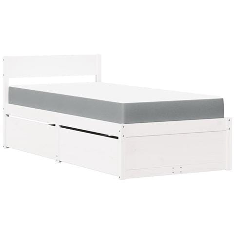 Letto Cassetti e Materasso Bianco 100x200cm Legno Massello Pino - Foto 1