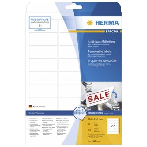 Labels white removable 63,5x29,6 SuperPrint 675 pcs. , Bianco, Labels / pack - 675 pcs. Sheets / pack - 25 pcs. , 63, 5 x 29, 6mm, A4 sheets, Removable - Foto 2
