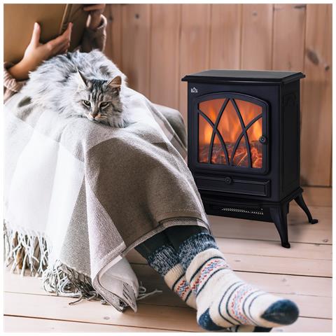 Camino Elettrico con Effetto Fiamma Stile Retrò, Termostato 1000-2000W e Luce Regolabile, Nero - Foto 2