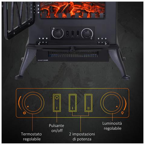 Camino Elettrico con Effetto Fiamma Stile Retrò, Termostato 1000-2000W e Luce Regolabile, Nero - Foto 6