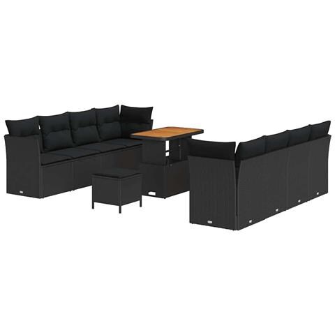 Set di divano da giardino 11 pezzi con cuscini in polyrattan nero, Set da pranzo da giardino 3 pezzi con cuscini in polyrattan nero - Foto 1