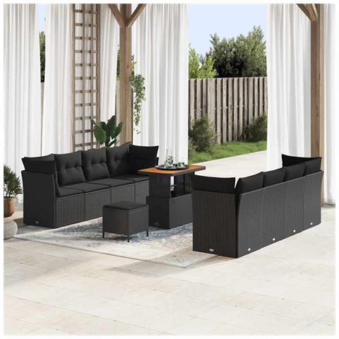 Set di divano da giardino 11 pezzi con cuscini in polyrattan nero, Set da pranzo da giardino 3 pezzi con cuscini in polyrattan nero - Foto 2