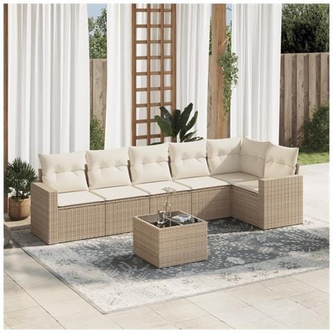 Set Divani da Giardino 7 pz con Cuscini Beige in Polyrattan - Foto 2