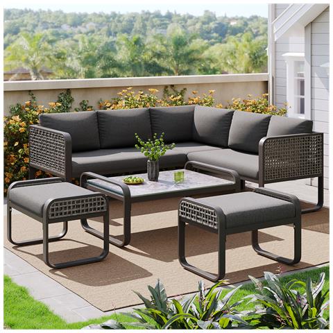 Set Da Giardino, Set Di Mobili In Rattan Per 6-7 Persone, Divano Ad Angolo Con Telaio In Ferro Zincato, Gambe Regolabili, Grigio - Foto 1