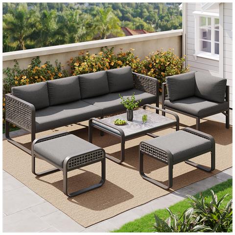 Set Da Giardino, Set Di Mobili In Rattan Per 6-7 Persone, Divano Ad Angolo Con Telaio In Ferro Zincato, Gambe Regolabili, Grigio - Foto 2