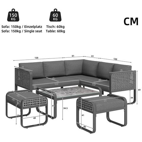 Set Da Giardino, Set Di Mobili In Rattan Per 6-7 Persone, Divano Ad Angolo Con Telaio In Ferro Zincato, Gambe Regolabili, Grigio - Foto 4