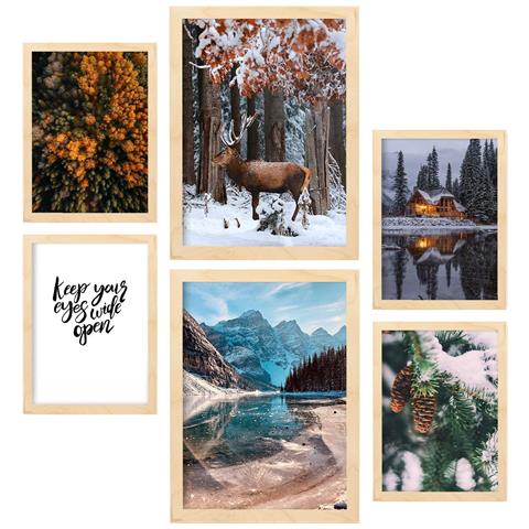 Set Di 6 Stampe Stampe Artistiche Da Parete Con Motivi Estetici Di Laghi Ghiacciati Per La Camera Da Letto O Il Soggiorno A3 & A4 Telaio In Legno Chiaro - Foto 1