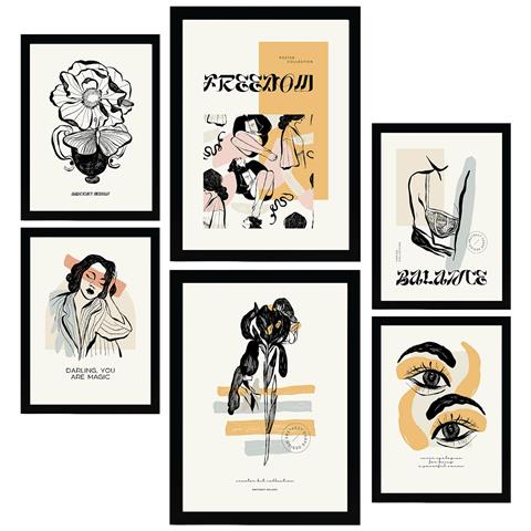 Set Di 6 Stampe Stampe Artistiche In Stile Schizzo Con Inchiostro Nero Per L'interior Design A3 & A4 Senza Cornice - Foto 1