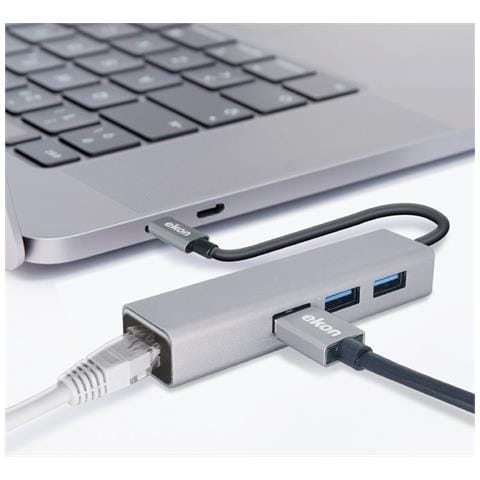 Hub in alluminio con 3 porte USB 3.0, cavo USB-C e porta Ethernet RJ45 - Foto 3