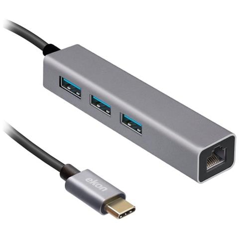 Hub in alluminio con 3 porte USB 3.0, cavo USB-C e porta Ethernet RJ45 - Foto 1