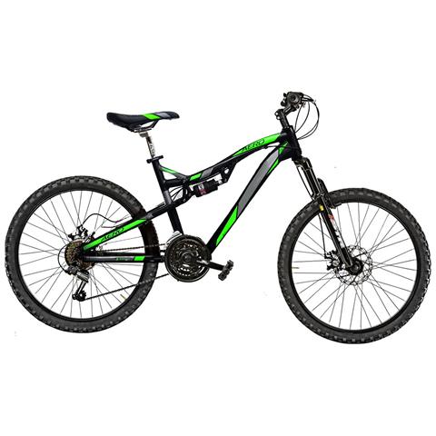 Bici Uomo Mtb Telaio Alluminio Misura 26 Full Mountain Bike Aero 21v Aero26-d Freno Disco Meccanico Doppia Ammortizzata - 47 Nero Verde Fluo Opaco - Foto 1
