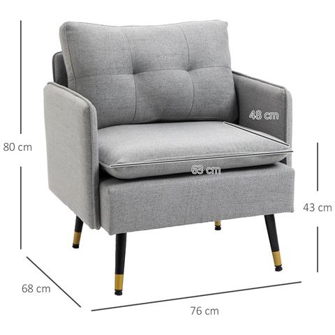 Poltrona Moderna In Tessuto Con Seduta Imbottita E Gambe In Acciaio, 76x68x80 Cm, Grigio - Foto 6