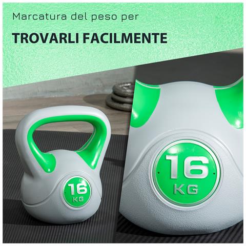 Kettlebell 16kg In Pu E Sabbia Con Base Piatta E Impugnatura Per Stacchi, Squat E Sollevamenti, 26x18x32 Cm, Verde - Foto 2