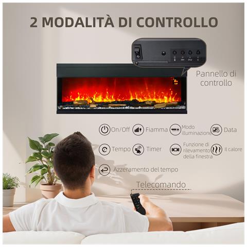 Camino Elettrico da Incasso e Parete 1800W con Fiamme Colorate LED Regolabili, Temperatura fino 40°C, Nero - Foto 2