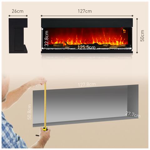 Camino Elettrico da Incasso e Parete 1800W con Fiamme Colorate LED Regolabili, Temperatura fino 40°C, Nero - Foto 6