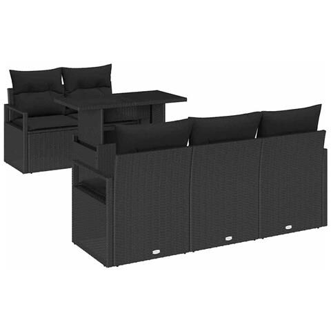 Set Divani Giardino  6 Pezzi con Cuscini Nero Polyrattan, Divano Giardino  2 Posti con Spazio di Stoccaggio & Cuscini Nero Polyrattan - Foto 1