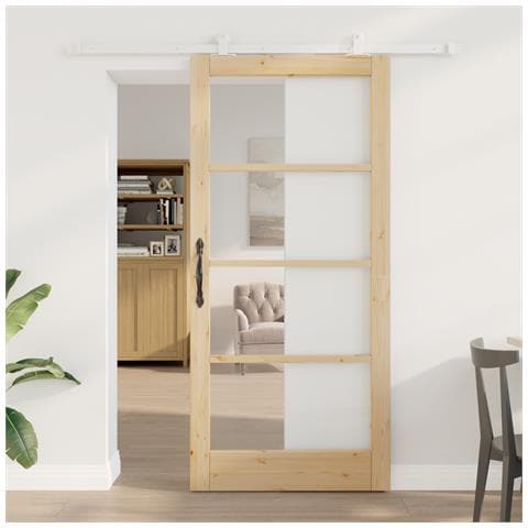 Porta Scorrevole  con Set di Componenti 'ORKDAL'Legno Massello e Vetro, Porta Interna  con Vetro 'ORKDAL'93x202x4 cm Legno Massello di Pino - Foto 2