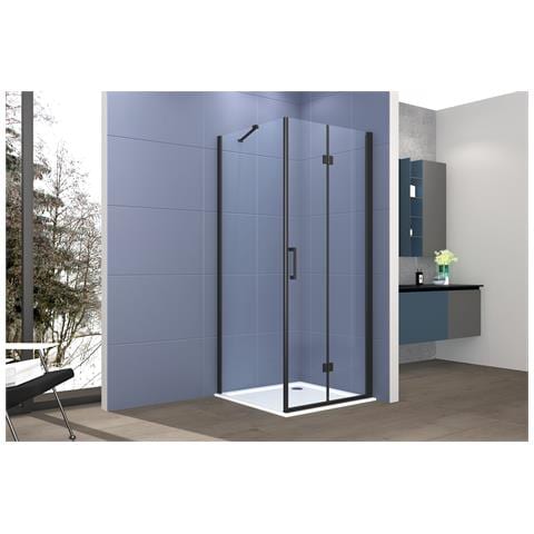 Box Doccia Angolare 80x70 Cm Porta A Soffietto + Fisso H200 Cm Cristallo 6 Mm Profilo Nero Opaco Zaira - Foto 1
