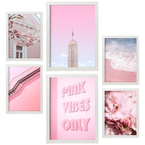 Set Di 6 Stampe Stampe Artistiche Estetiche Da Parete Life In Pink Per La Camera Da Letto O Il Soggiorno A3 & A4 Cornice Bianca - Foto 1
