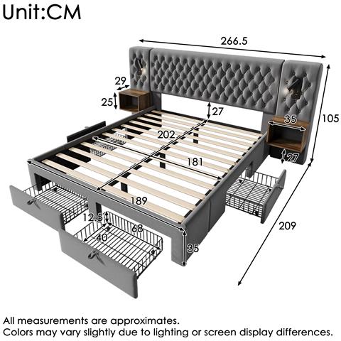 Letto Matrimoniale Vintage Con Comodini E Cassetti In Velluto Grigio - Foto 2