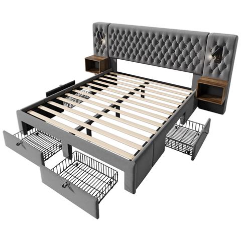 Letto Matrimoniale Vintage Con Comodini E Cassetti In Velluto Grigio - Foto 3