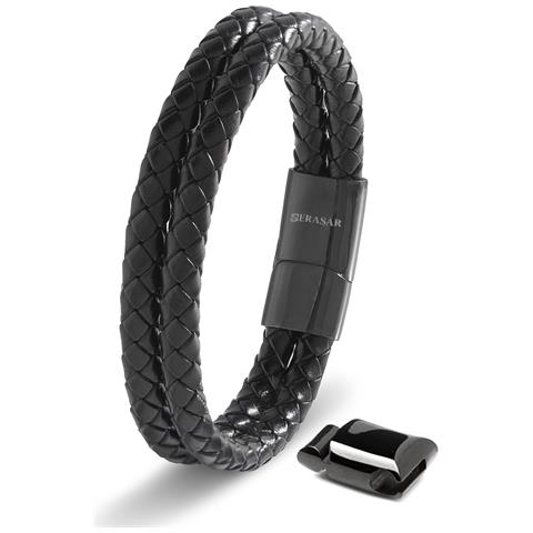 Bracciale in Pelle per Uomo, ""Double"", 17cm, Nero - Foto 1