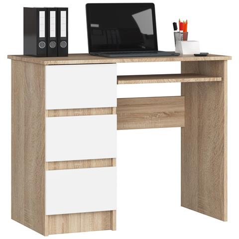 Scrivania per computer A6 sinistro, 3 cassetti, 90x50x77 cm, Colore Sonoma Quercia e Bianco - Foto 1