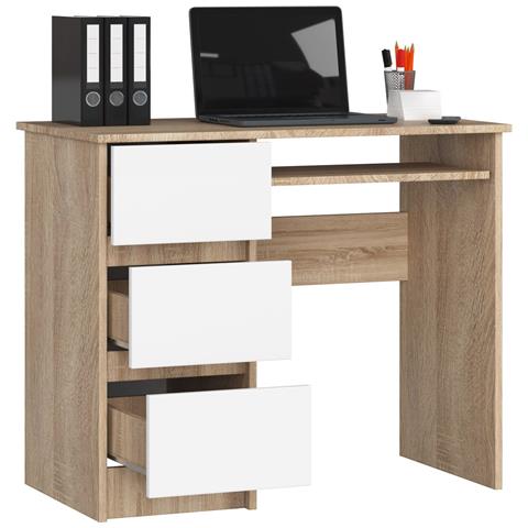 Scrivania per computer A6 sinistro, 3 cassetti, 90x50x77 cm, Colore Sonoma Quercia e Bianco - Foto 2