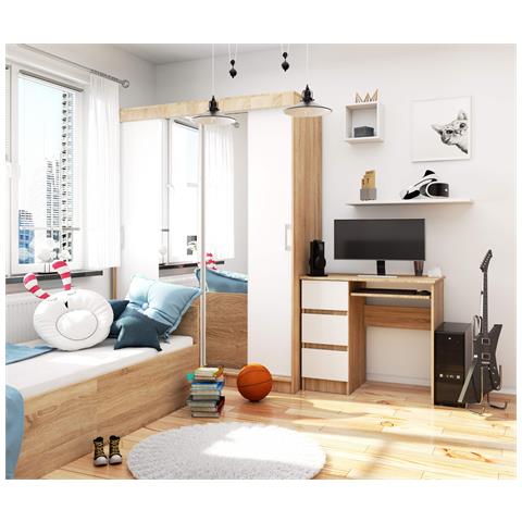 Scrivania per computer A6 sinistro, 3 cassetti, 90x50x77 cm, Colore Sonoma Quercia e Bianco - Foto 6