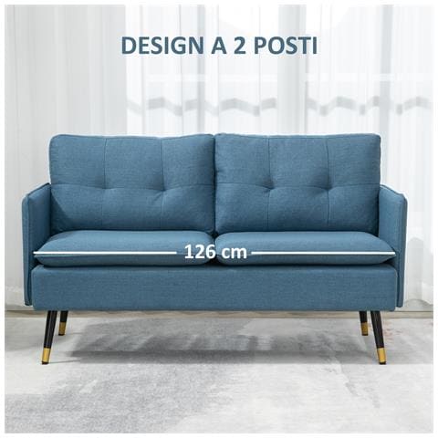 Divano 2 Posti In Tessuto Con Cuscini Imbottiti E Gambe In Acciaio 139x68x80cm, Blu Scuro - Foto 2