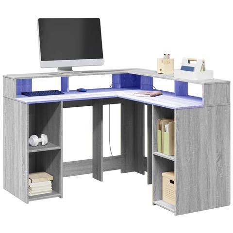 Scrivania con Luci LED Grigio Sonoma 130x130x91cm in Truciolato - Foto 2