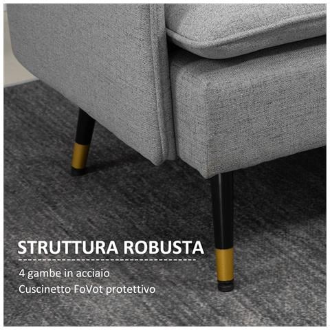 Divano 2 Posti In Tessuto Con Cuscini Imbottiti E Gambe In Acciaio 139x68x80cm, Grigio - Foto 2