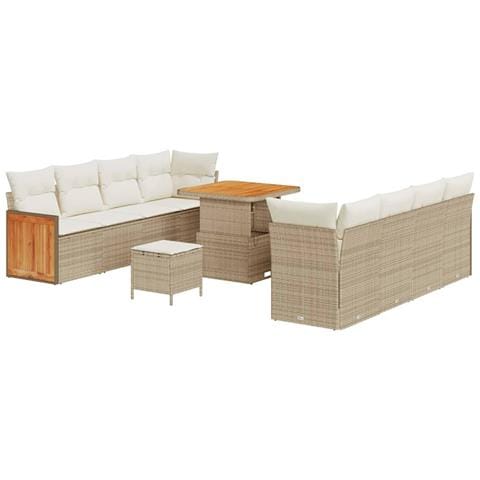 Set di Divani da Giardino  in 11 Pezzi con Cuscini Beige Poly Rattan Acacia, Set da Pranzo da Giardino  in 3 Pezzi con Cuscini Beige Poly Rattan Acacia - Foto 1