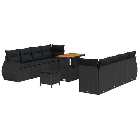 Set di Divano da Giardino  11 Pezzi con Cuscini Nero Polyrattan Acacia, Set da Pranzo da Giardino  3 Pezzi con Cuscini Nero Polyrattan Acacia - Foto 1