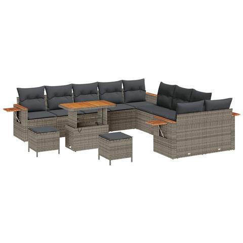 Set Divano da Giardino da 13 Pezzi con Cuscini Grigio Polyrattan Acacia,  Set da Pranzo da Giardino da 3 Pezzi con Cuscini Grigio Polyrattan Acacia - Foto 1