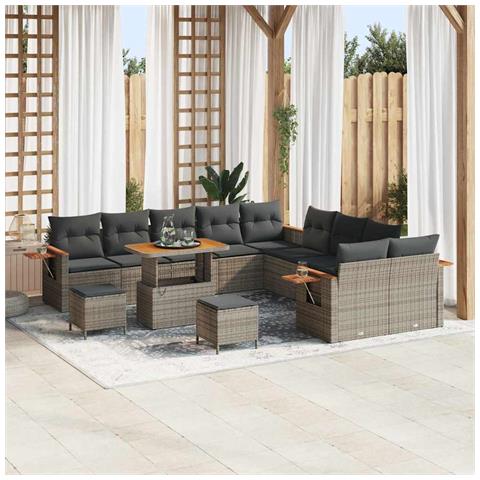 Set Divano da Giardino da 13 Pezzi con Cuscini Grigio Polyrattan Acacia,  Set da Pranzo da Giardino da 3 Pezzi con Cuscini Grigio Polyrattan Acacia - Foto 2